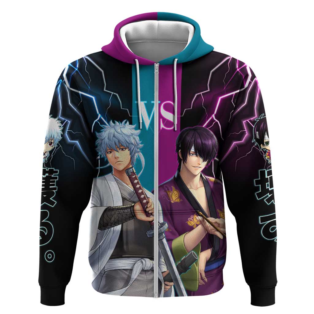 Shinsuke vs Gintoki Gintama Split Lightning Design Hoodie with Sword Duel and Anime Showdown Theme - The Mazicc