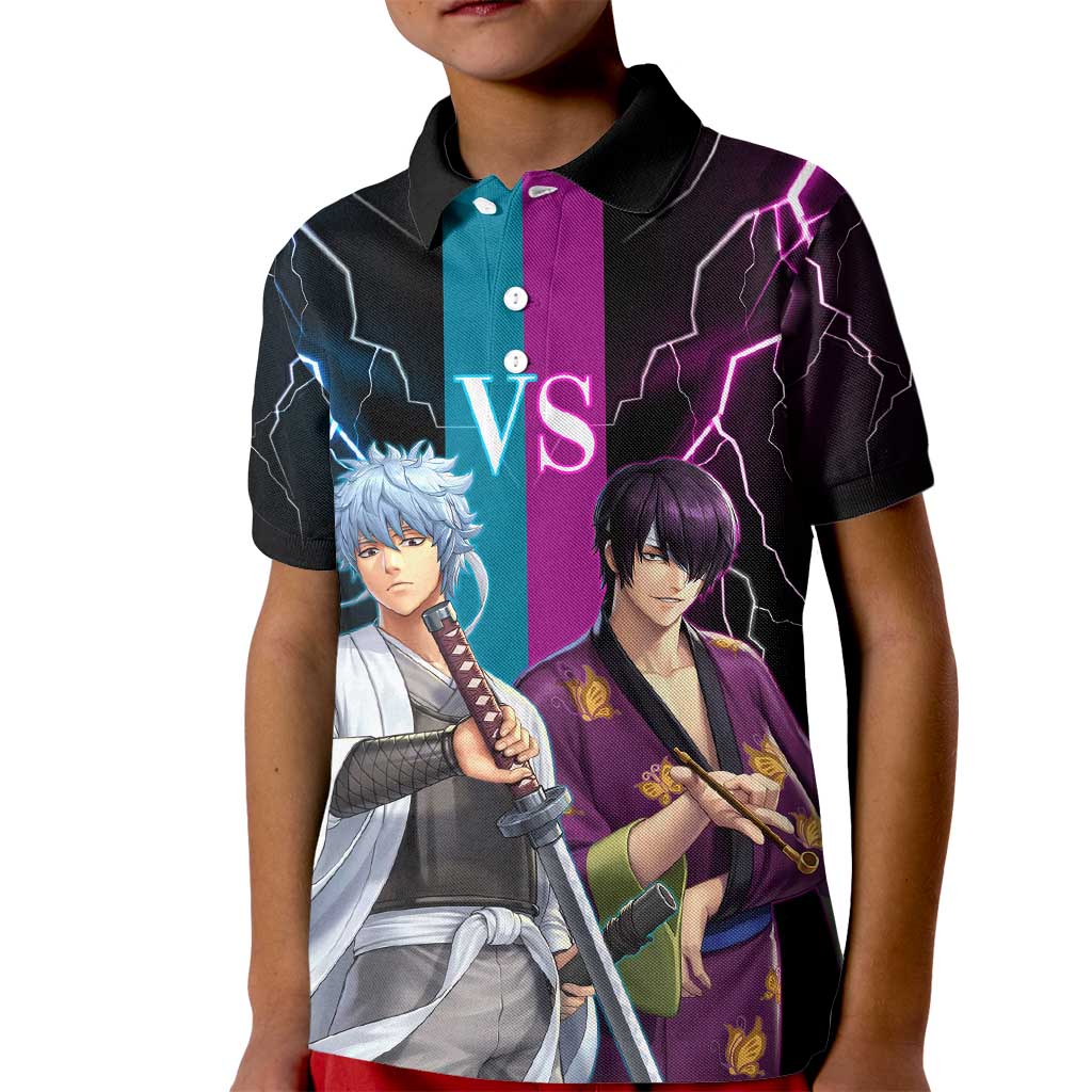 Shinsuke vs Gintoki Gintama Split Lightning Design Kid Polo Shirt with Sword Duel and Anime Showdown Theme - The Mazicc