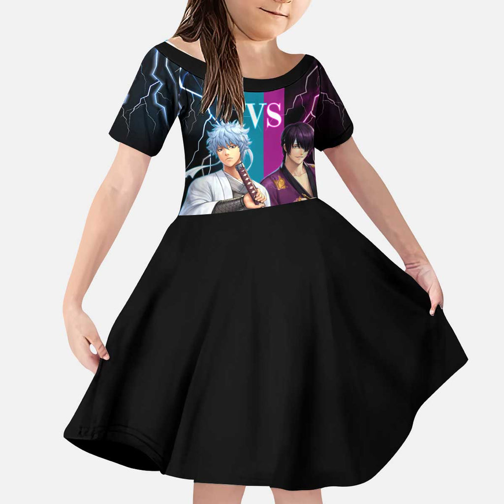 Shinsuke vs Gintoki Gintama Split Lightning Design Kid Short Sleeve Dress with Sword Duel and Anime Showdown Theme - The Mazicc