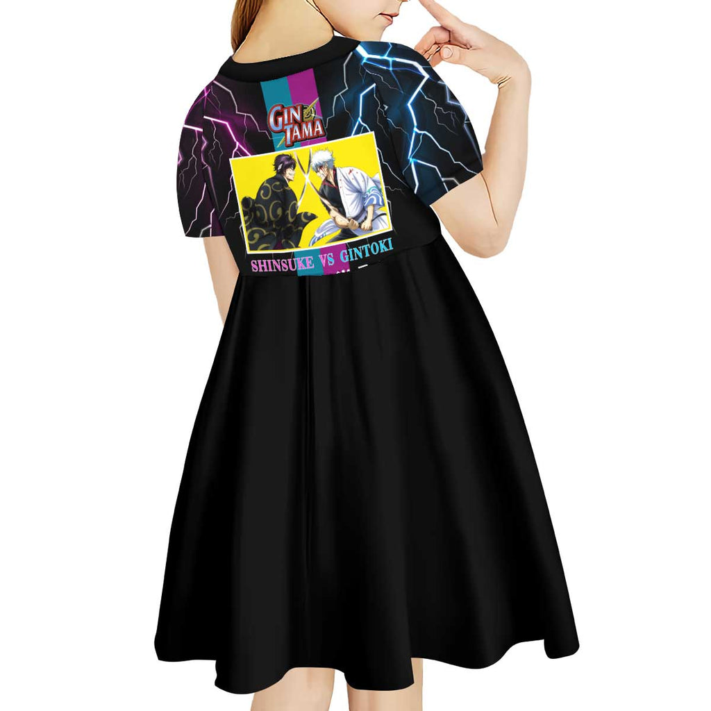 Shinsuke vs Gintoki Gintama Split Lightning Design Kid Short Sleeve Dress with Sword Duel and Anime Showdown Theme - The Mazicc