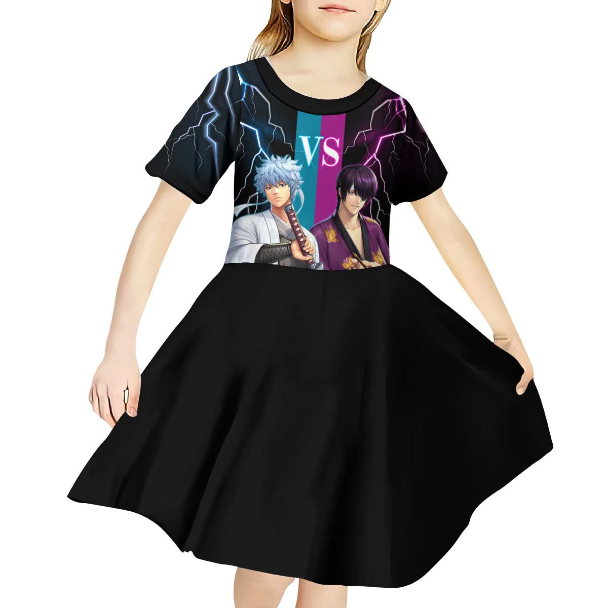 Shinsuke vs Gintoki Gintama Split Lightning Design Kid Short Sleeve Dress with Sword Duel and Anime Showdown Theme - The Mazicc