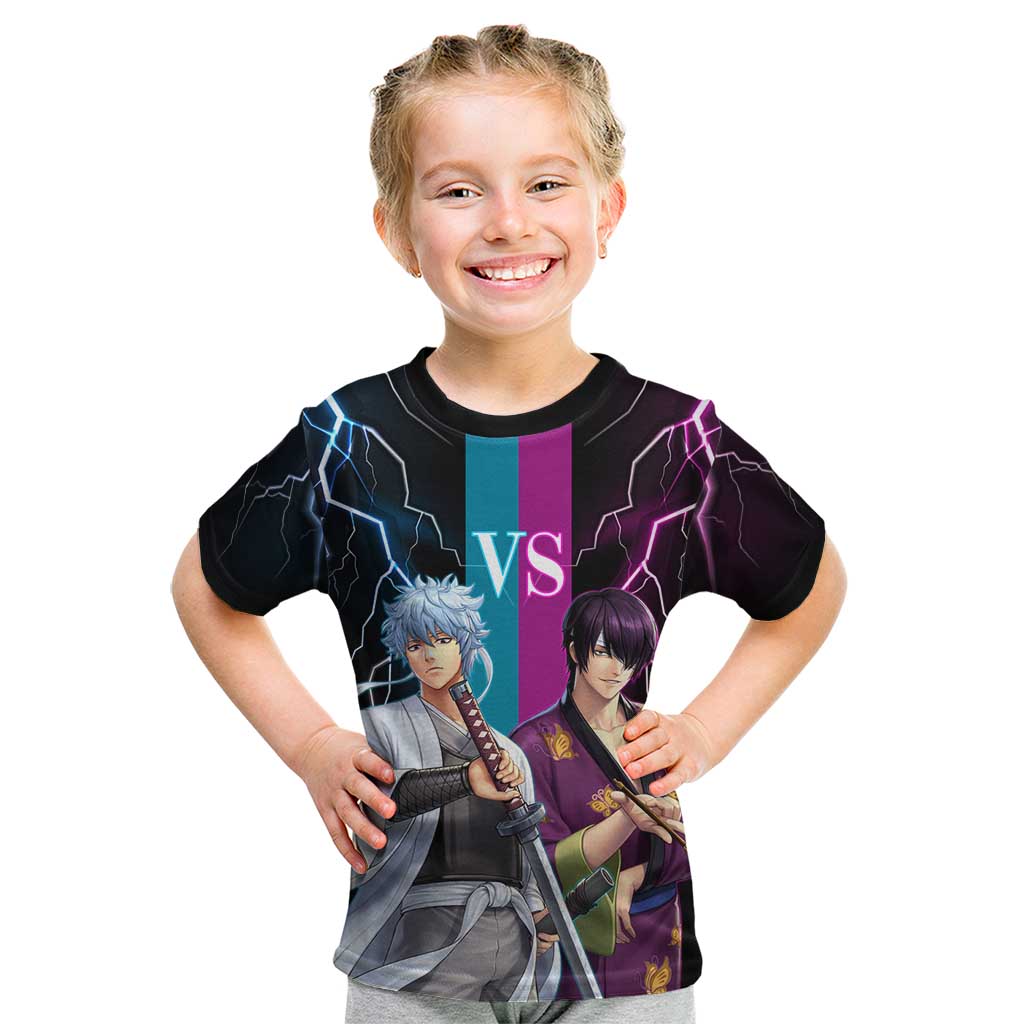 Shinsuke vs Gintoki Gintama Split Lightning Design Kid T Shirt with Sword Duel and Anime Showdown Theme - The Mazicc