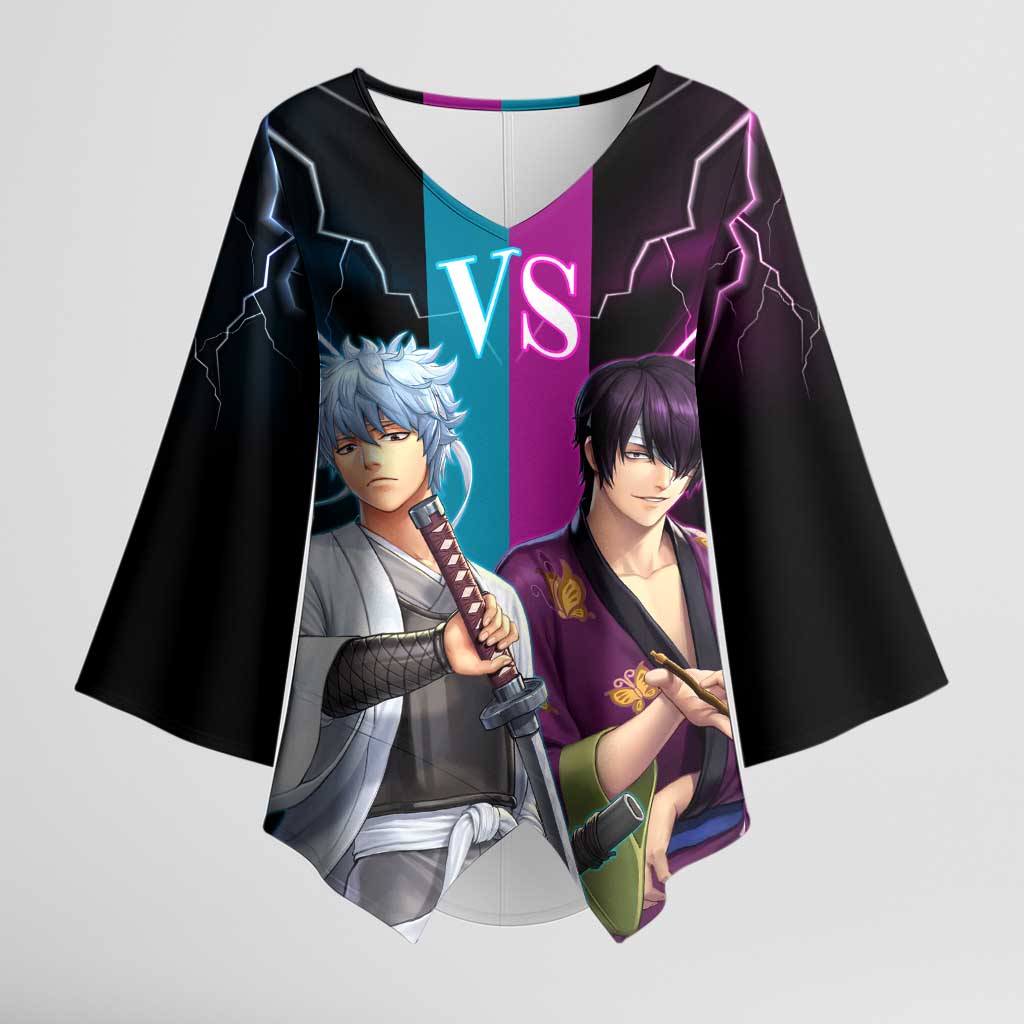Shinsuke vs Gintoki Gintama Split Lightning Design Kimono Sleeve Blouse with Sword Duel and Anime Showdown Theme - The Mazicc