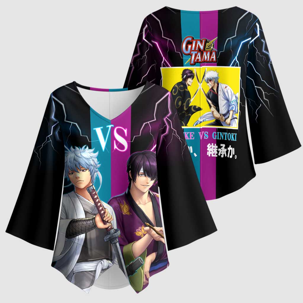 Shinsuke vs Gintoki Gintama Split Lightning Design Kimono Sleeve Blouse with Sword Duel and Anime Showdown Theme - The Mazicc