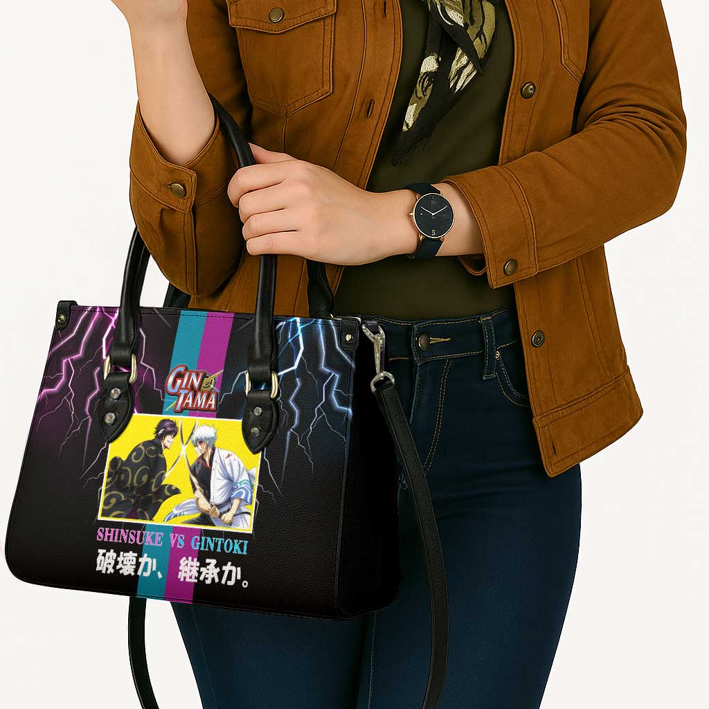 Shinsuke vs Gintoki Gintama Split Lightning Design Leather Bag with Sword Duel and Anime Showdown Theme - The Mazicc