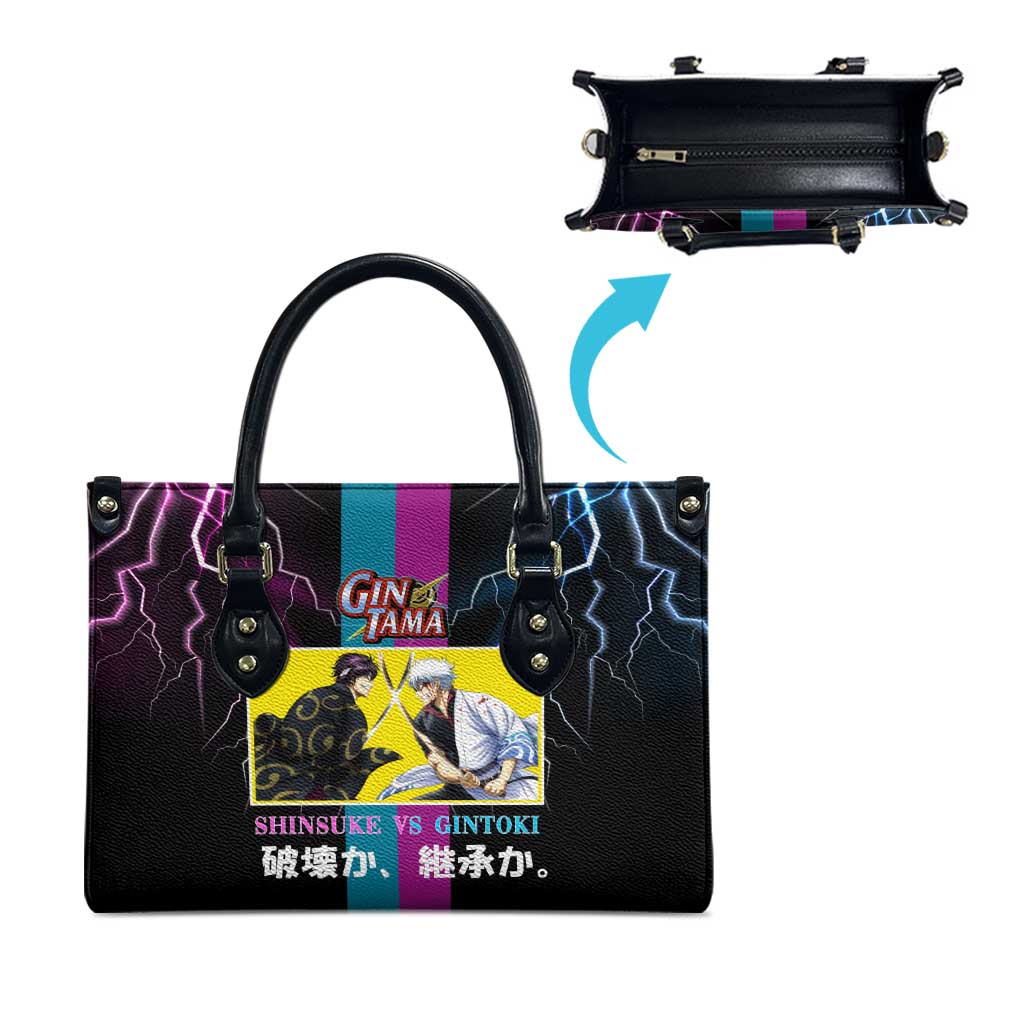 Shinsuke vs Gintoki Gintama Split Lightning Design Leather Bag with Sword Duel and Anime Showdown Theme - The Mazicc