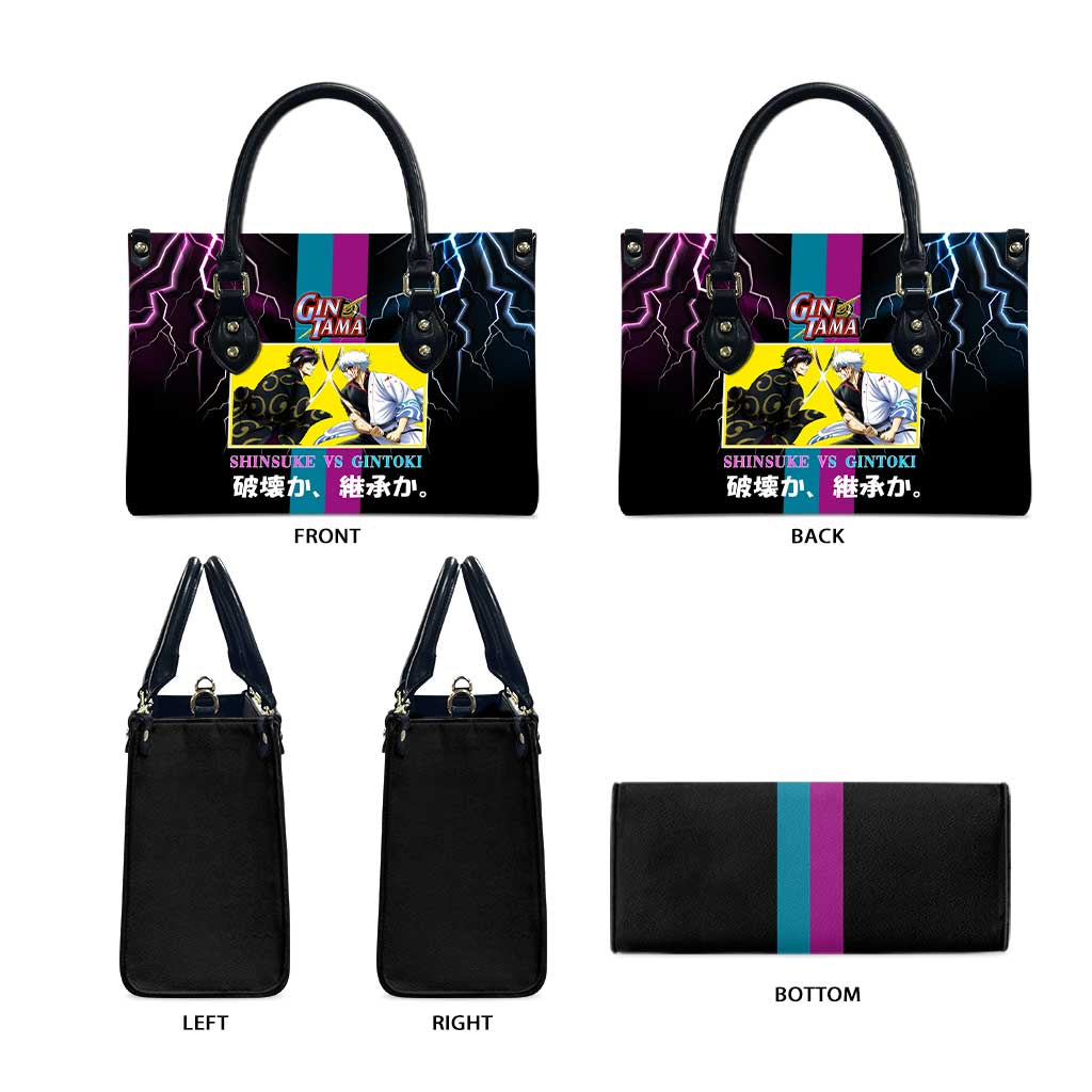 Shinsuke vs Gintoki Gintama Split Lightning Design Leather Bag with Sword Duel and Anime Showdown Theme - The Mazicc