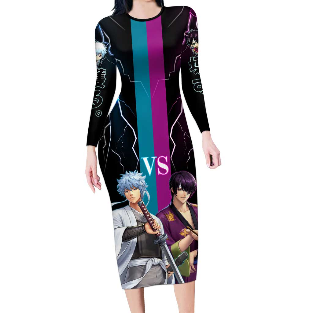 Shinsuke vs Gintoki Gintama Split Lightning Design Long Sleeve Bodycon Dress with Sword Duel and Anime Showdown Theme - The Mazicc