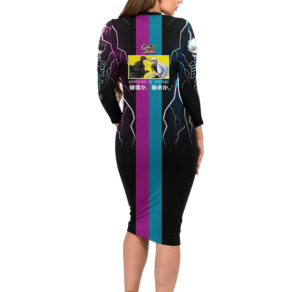 Shinsuke vs Gintoki Gintama Split Lightning Design Long Sleeve Bodycon Dress with Sword Duel and Anime Showdown Theme - The Mazicc