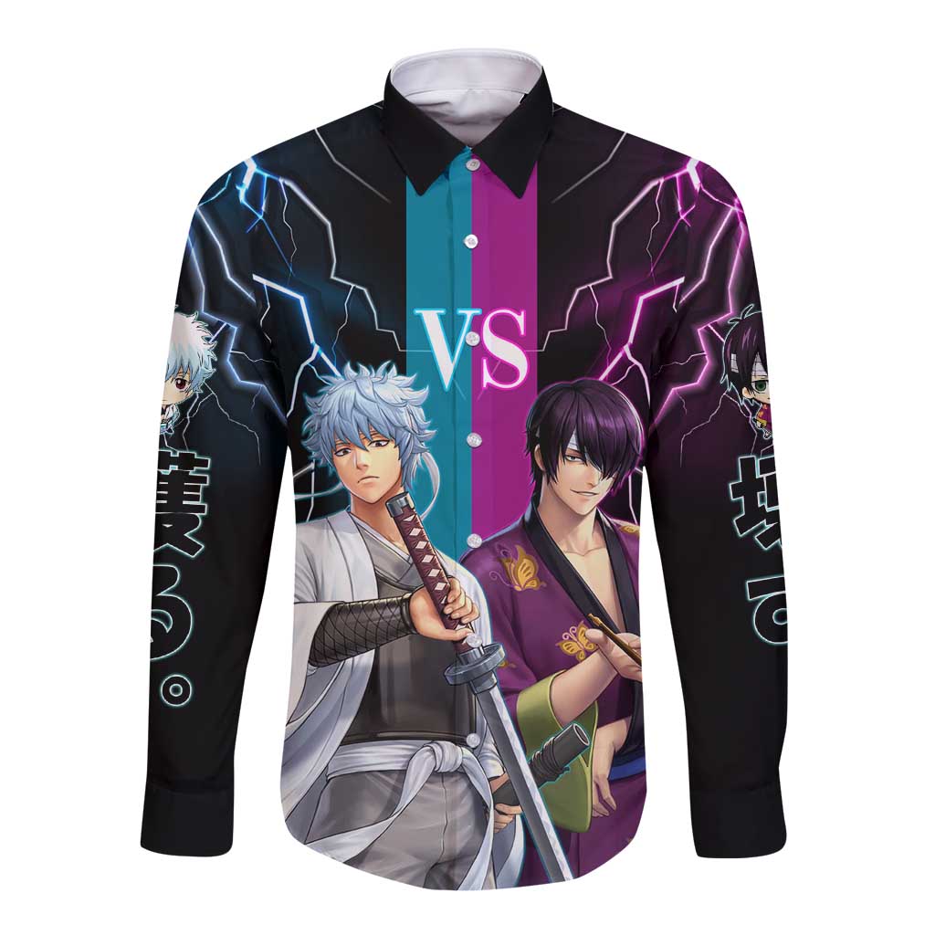Shinsuke vs Gintoki Gintama Split Lightning Design Long Sleeve Button Shirt with Sword Duel and Anime Showdown Theme - The Mazicc