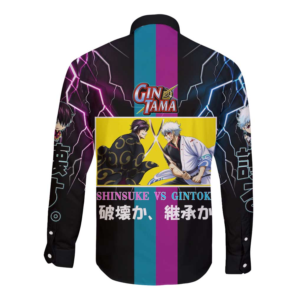 Shinsuke vs Gintoki Gintama Split Lightning Design Long Sleeve Button Shirt with Sword Duel and Anime Showdown Theme - The Mazicc