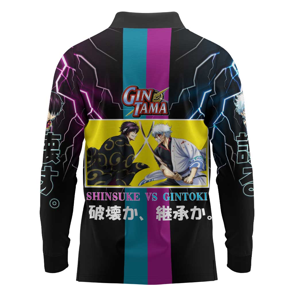 Shinsuke vs Gintoki Gintama Split Lightning Design Long Sleeve Polo Shirt with Sword Duel and Anime Showdown Theme - The Mazicc