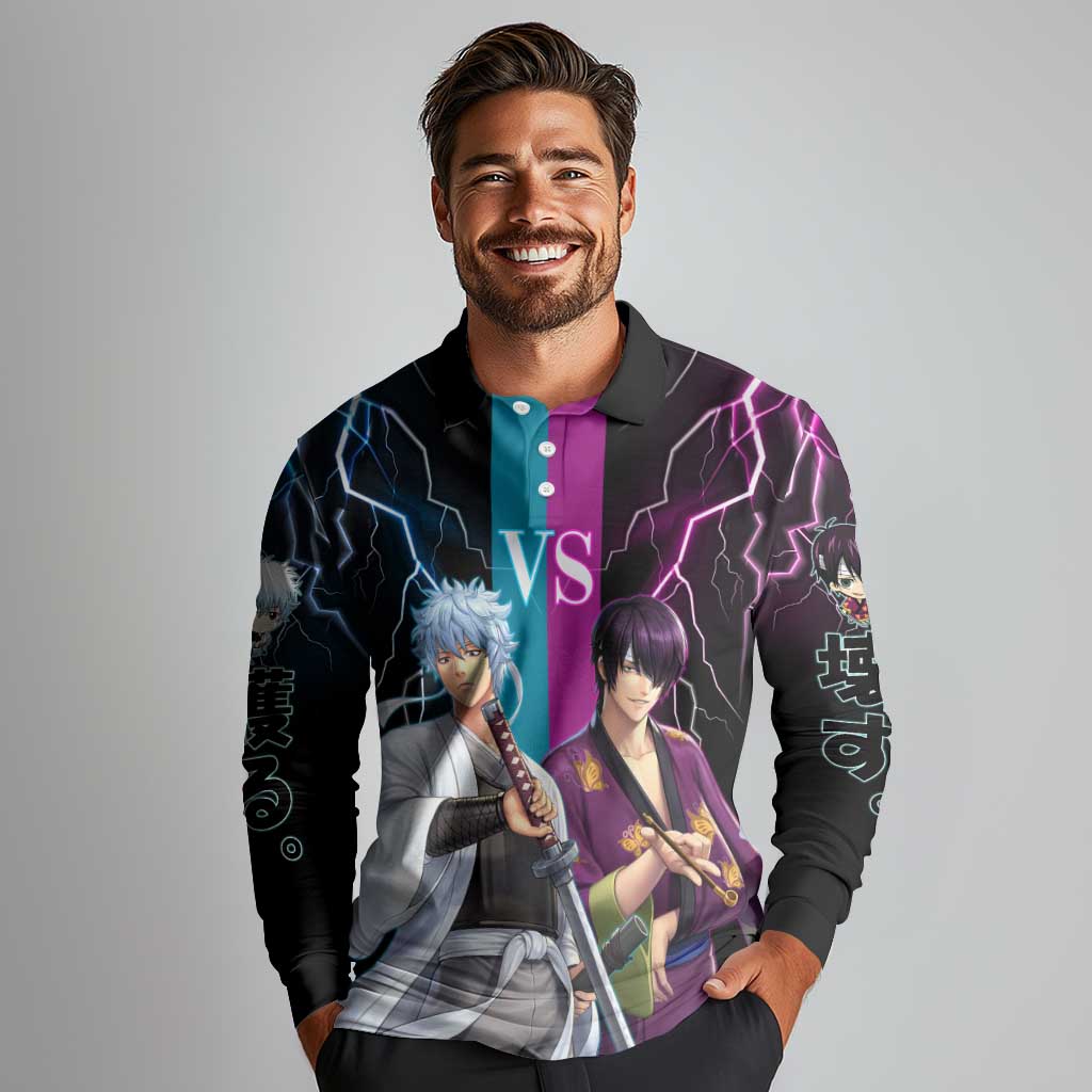 Shinsuke vs Gintoki Gintama Split Lightning Design Long Sleeve Polo Shirt with Sword Duel and Anime Showdown Theme - The Mazicc