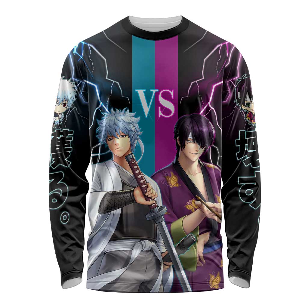 Shinsuke vs Gintoki Gintama Split Lightning Design Long Sleeve Shirt with Sword Duel and Anime Showdown Theme - The Mazicc
