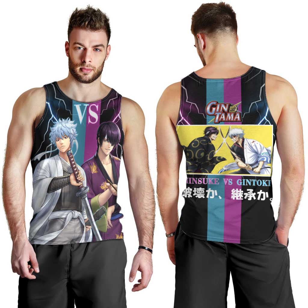 Shinsuke vs Gintoki Gintama Split Lightning Design Men Tank Top with Sword Duel and Anime Showdown Theme - The Mazicc
