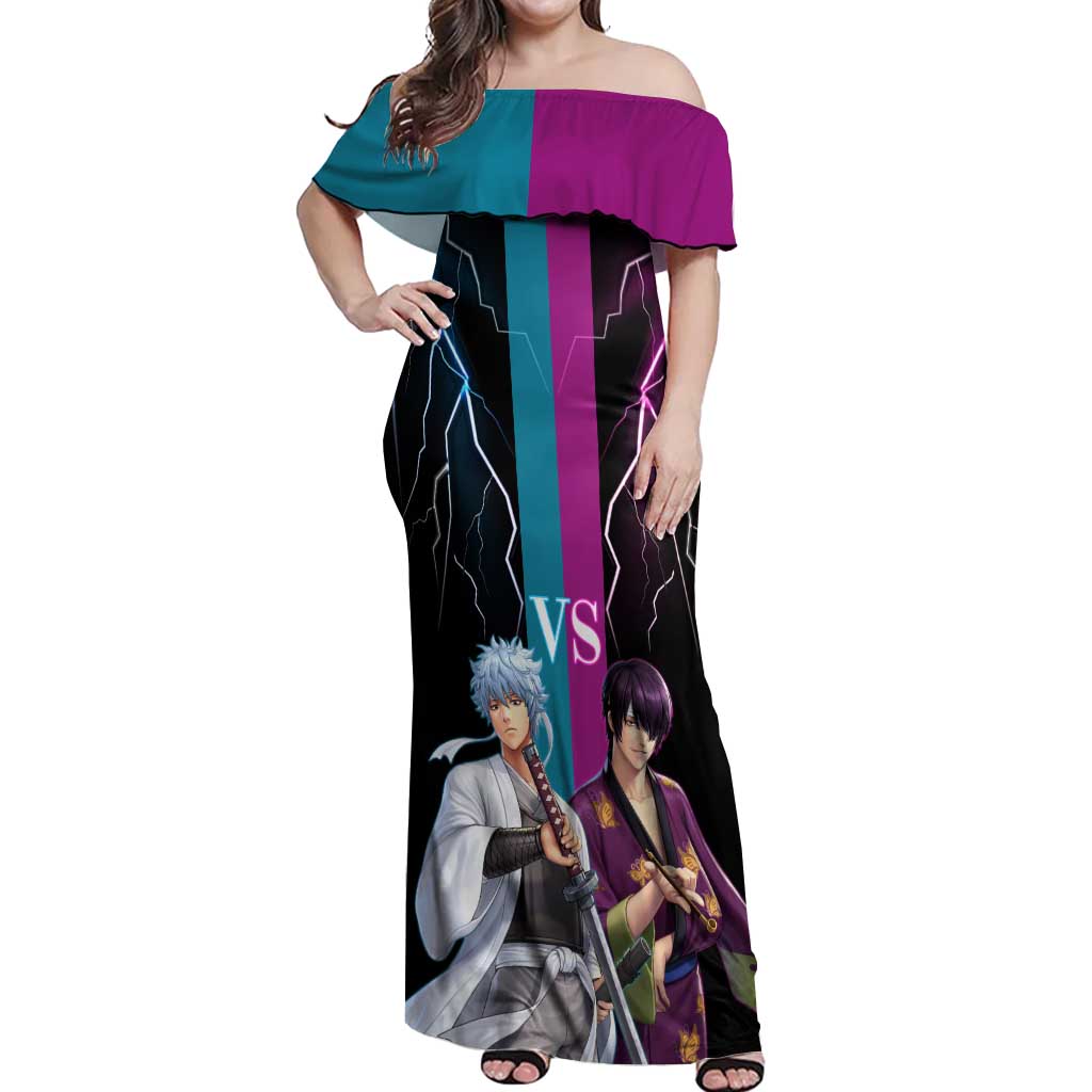 Shinsuke vs Gintoki Gintama Split Lightning Design Off Shoulder Maxi Dress with Sword Duel and Anime Showdown Theme - The Mazicc