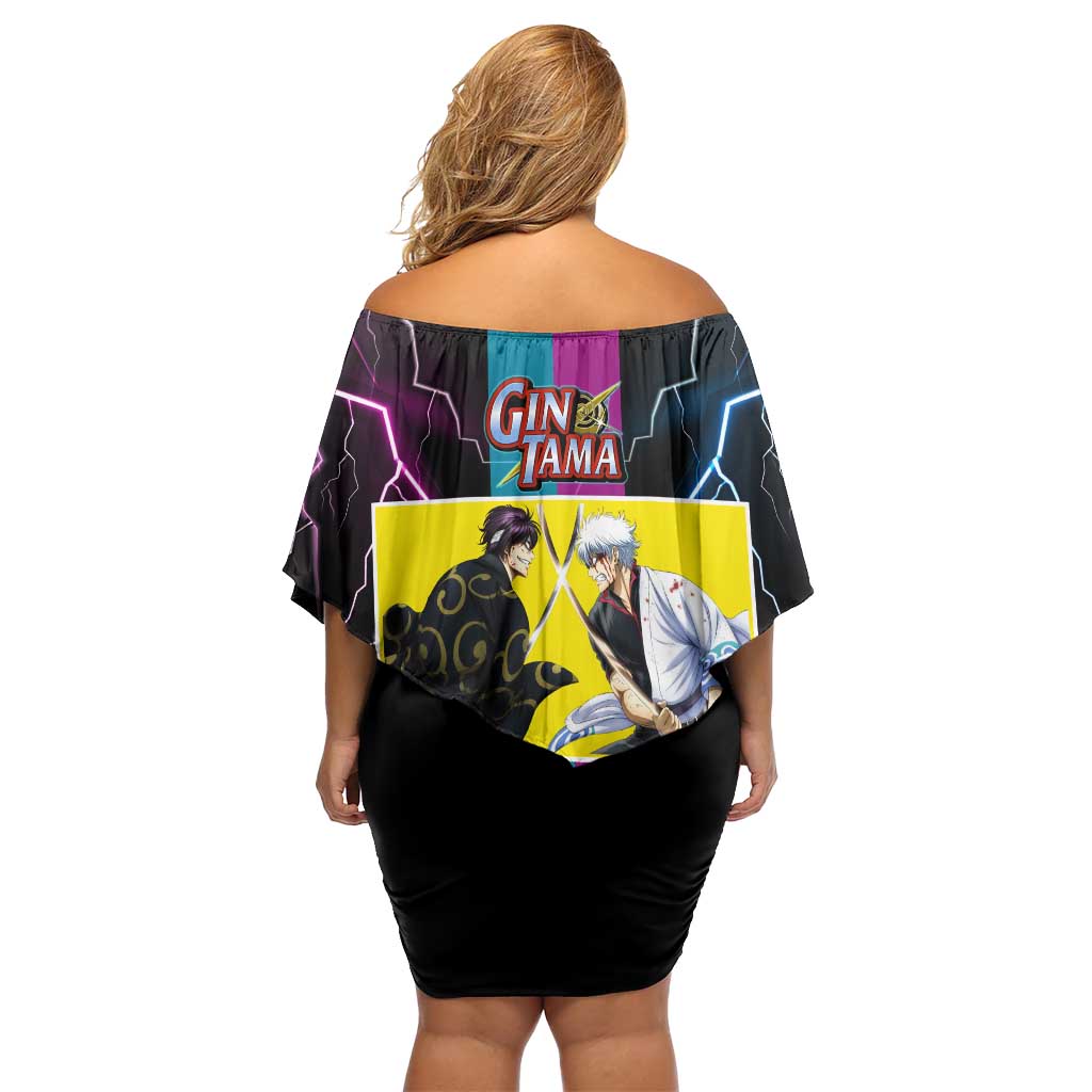 Shinsuke vs Gintoki Gintama Split Lightning Design Off Shoulder Short Dress with Sword Duel and Anime Showdown Theme - The Mazicc