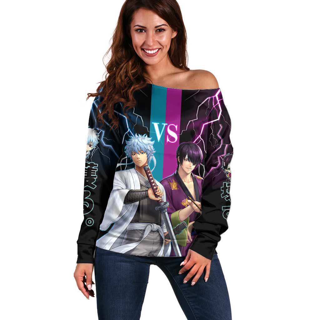 Shinsuke vs Gintoki Gintama Split Lightning Design Off Shoulder Sweater with Sword Duel and Anime Showdown Theme - The Mazicc