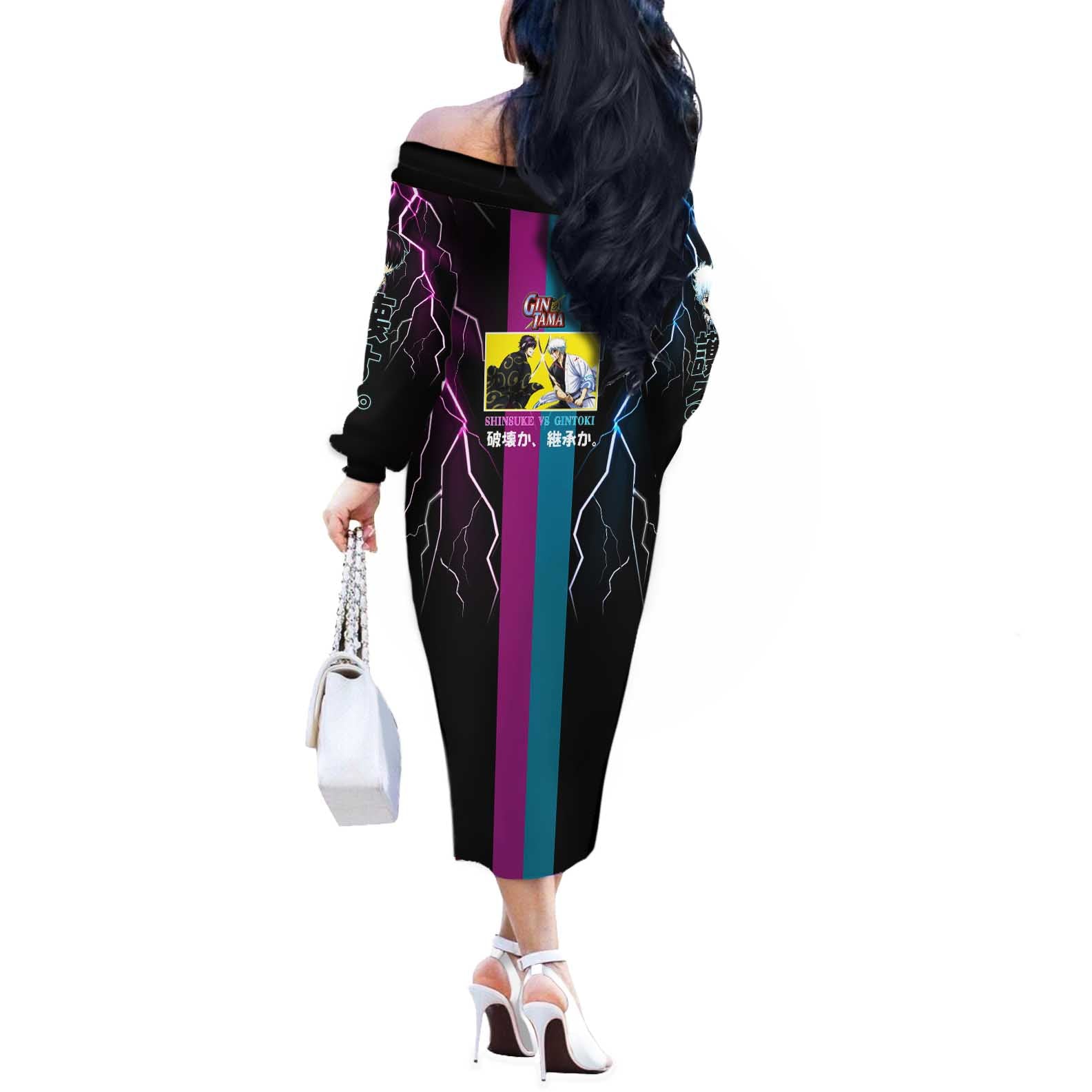 Shinsuke vs Gintoki Gintama Split Lightning Design Off The Shoulder Long Sleeve Dress with Sword Duel and Anime Showdown Theme - The Mazicc