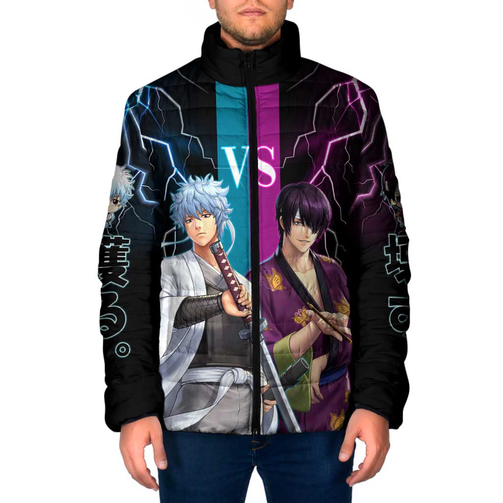 Shinsuke vs Gintoki Gintama Split Lightning Design Padded Jacket with Sword Duel and Anime Showdown Theme - The Mazicc