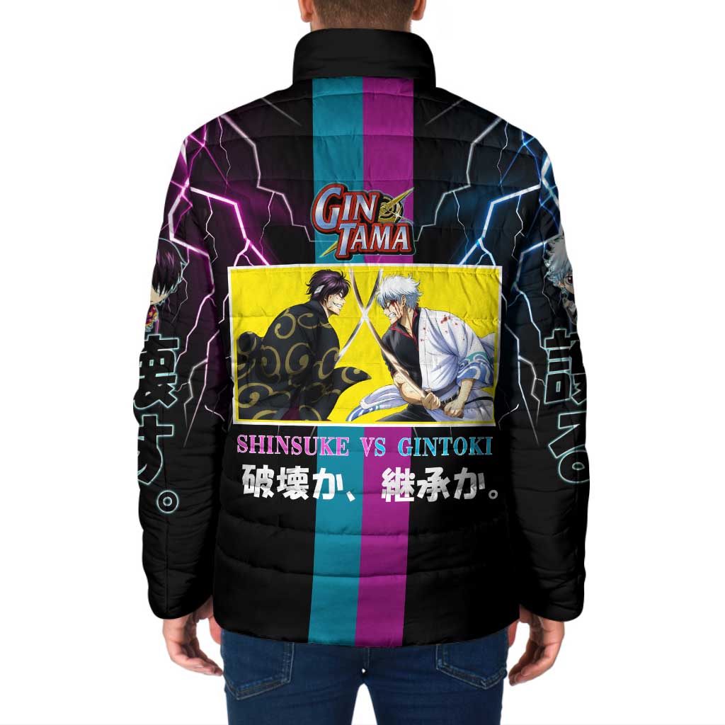 Shinsuke vs Gintoki Gintama Split Lightning Design Padded Jacket with Sword Duel and Anime Showdown Theme - The Mazicc
