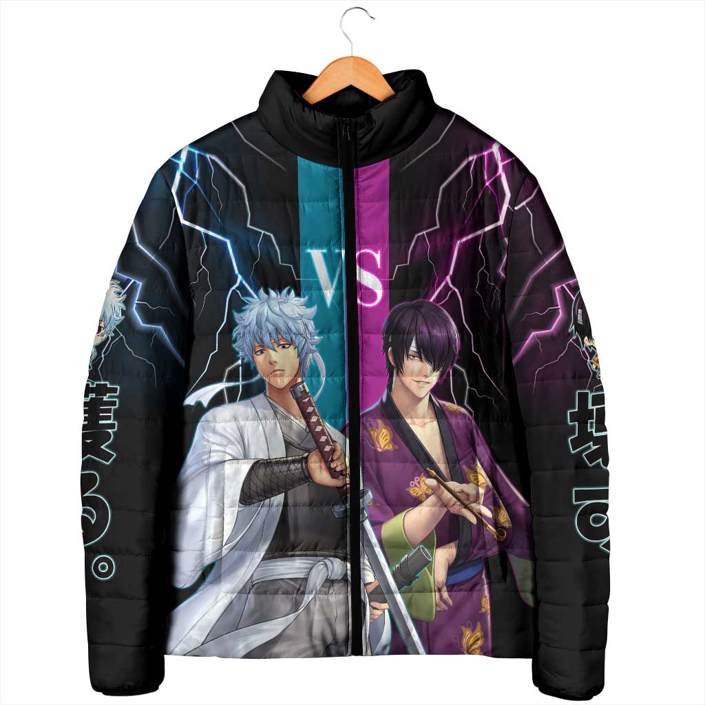 Shinsuke vs Gintoki Gintama Split Lightning Design Padded Jacket with Sword Duel and Anime Showdown Theme - The Mazicc