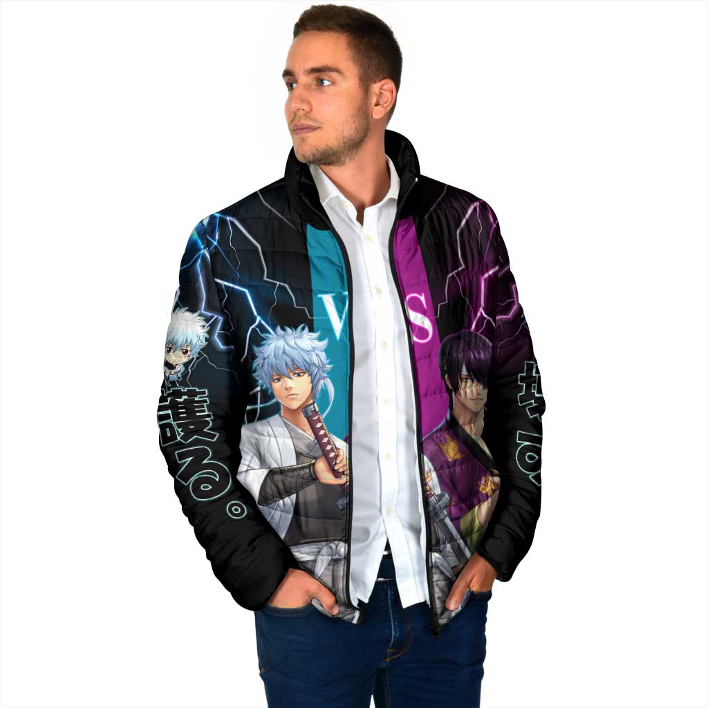 Shinsuke vs Gintoki Gintama Split Lightning Design Padded Jacket with Sword Duel and Anime Showdown Theme - The Mazicc