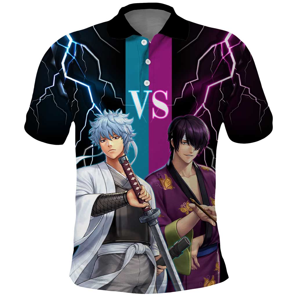 Shinsuke vs Gintoki Gintama Split Lightning Design Polo Shirt with Sword Duel and Anime Showdown Theme - The Mazicc