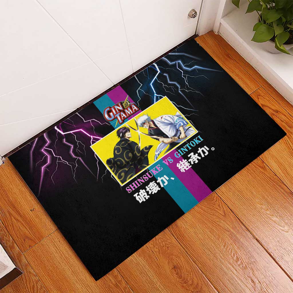 Shinsuke vs Gintoki Gintama Split Lightning Design Rubber Doormat with Sword Duel and Anime Showdown Theme - The Mazicc
