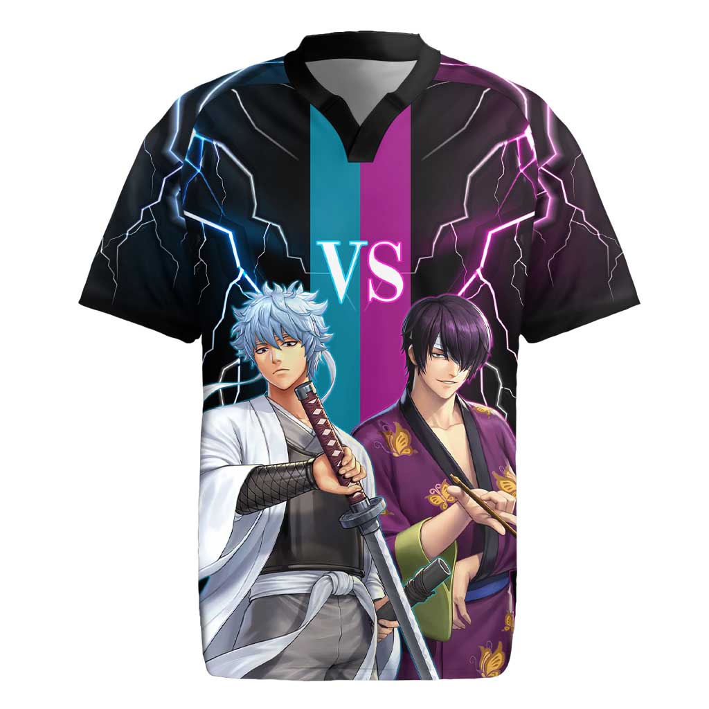 Shinsuke vs Gintoki Gintama Split Lightning Design Rugby Jersey with Sword Duel and Anime Showdown Theme - The Mazicc