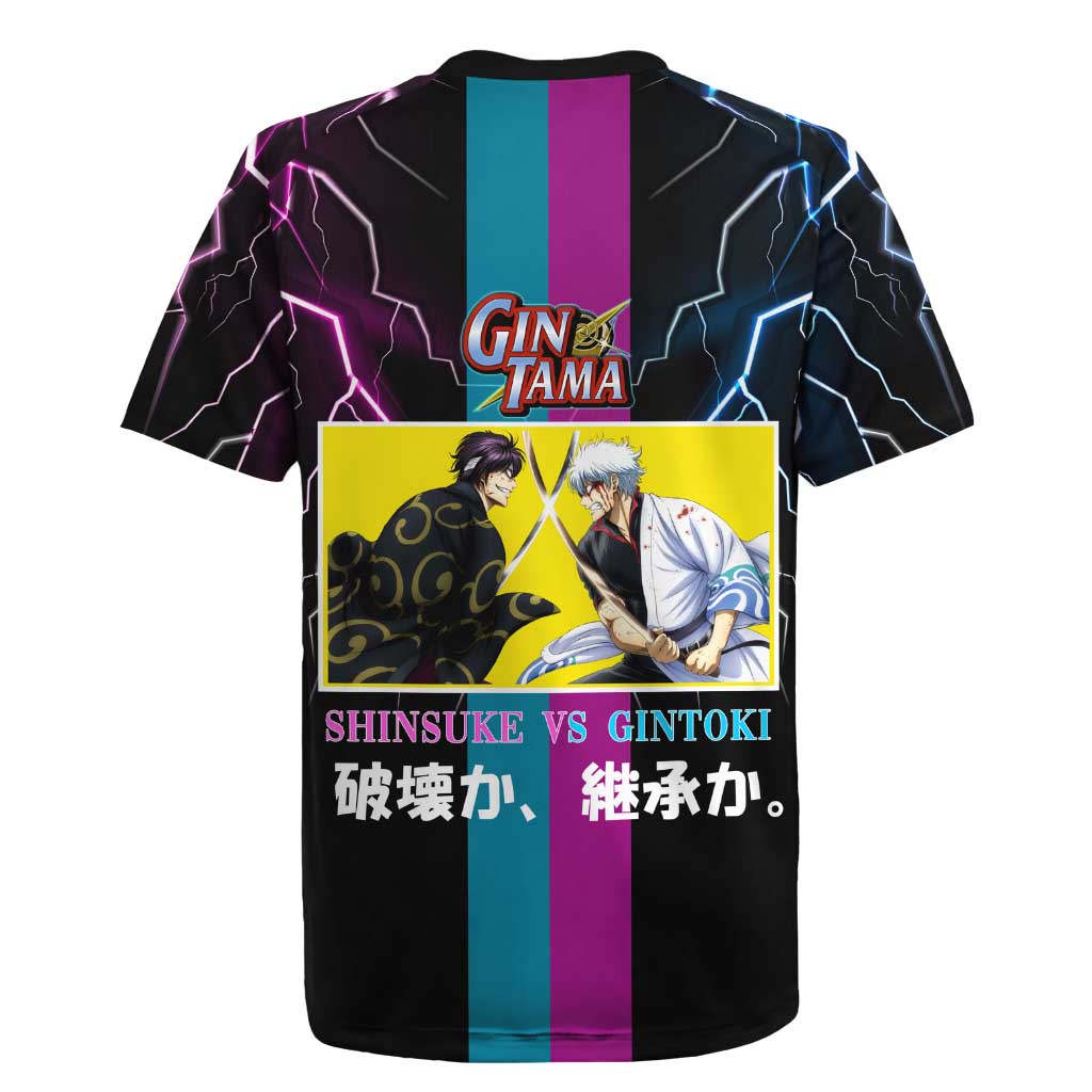 Shinsuke vs Gintoki Gintama Split Lightning Design Rugby Jersey with Sword Duel and Anime Showdown Theme - The Mazicc