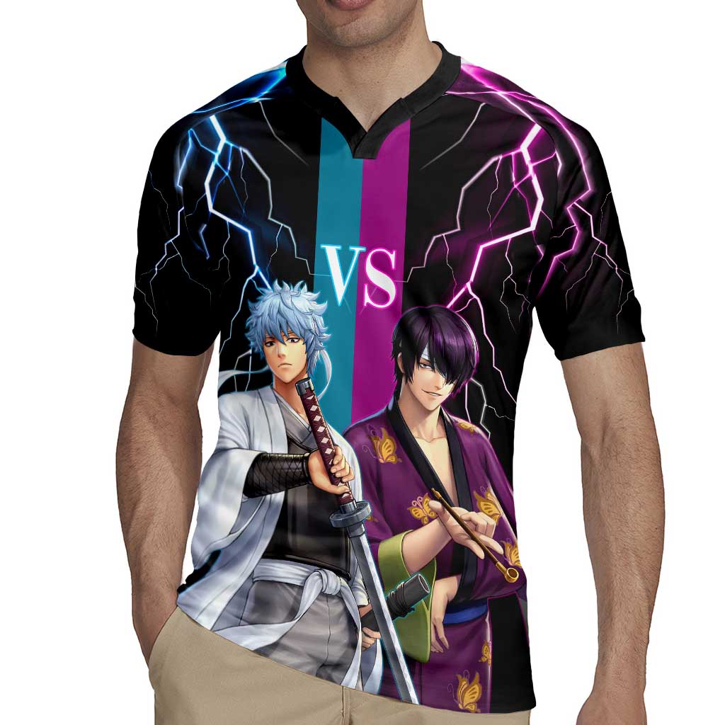 Shinsuke vs Gintoki Gintama Split Lightning Design Rugby Jersey with Sword Duel and Anime Showdown Theme - The Mazicc