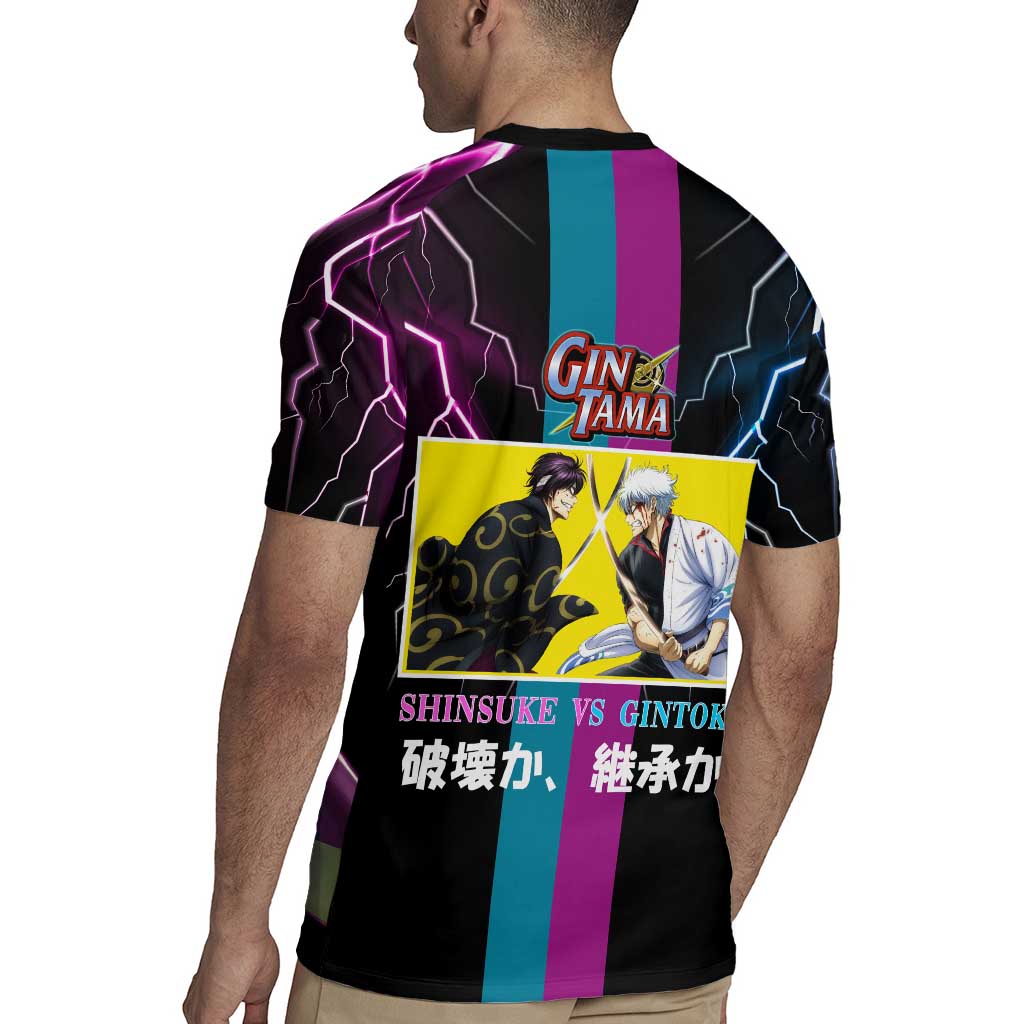 Shinsuke vs Gintoki Gintama Split Lightning Design Rugby Jersey with Sword Duel and Anime Showdown Theme - The Mazicc