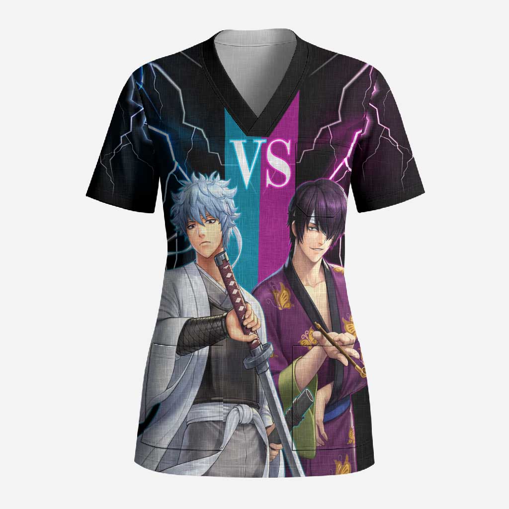 Shinsuke vs Gintoki Gintama Split Lightning Design Scrub Top with Sword Duel and Anime Showdown Theme - The Mazicc