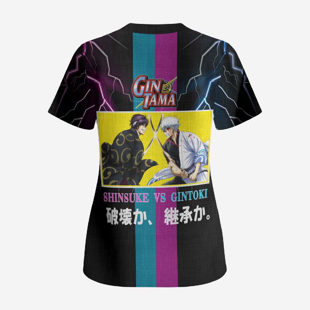 Shinsuke vs Gintoki Gintama Split Lightning Design Scrub Top with Sword Duel and Anime Showdown Theme - The Mazicc