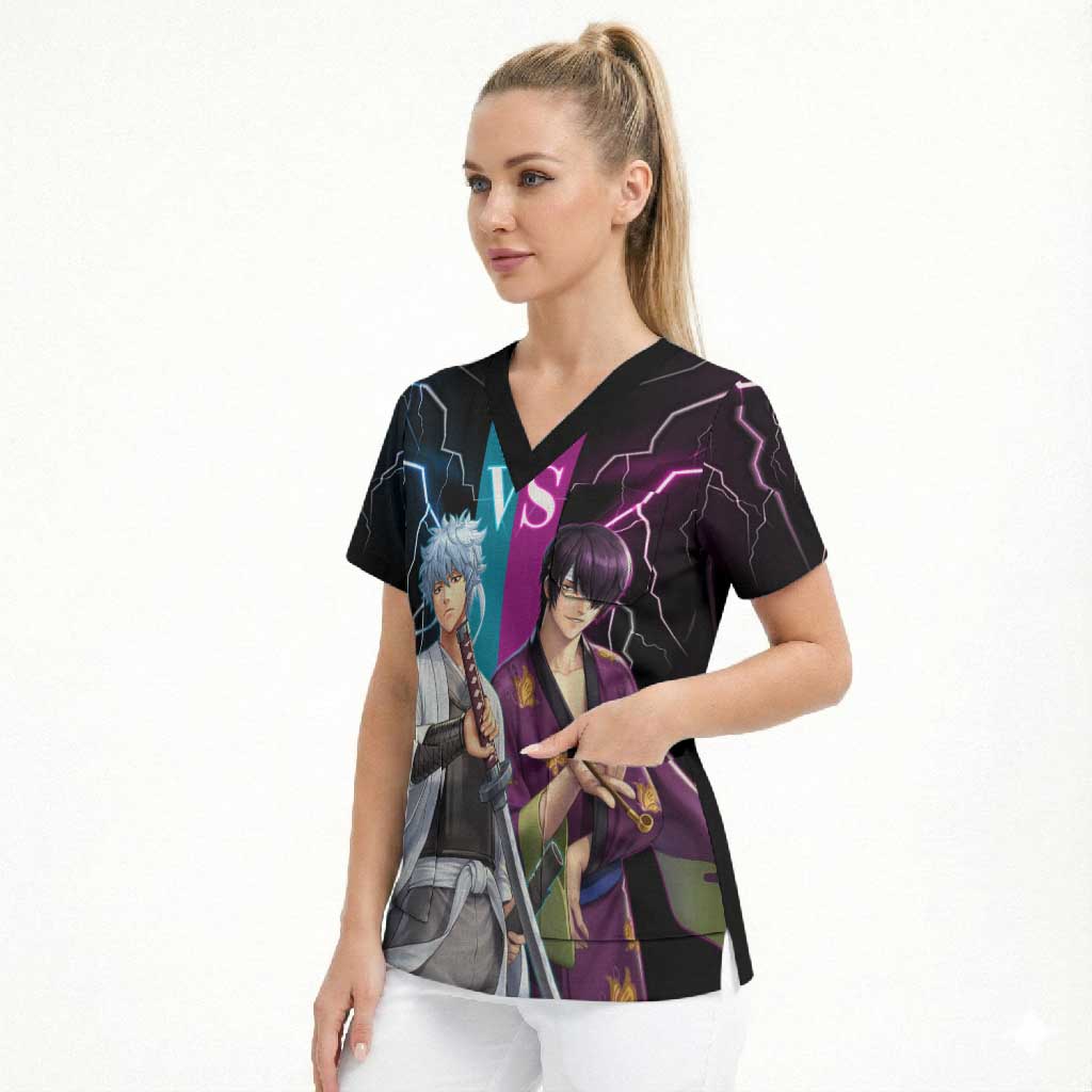 Shinsuke vs Gintoki Gintama Split Lightning Design Scrub Top with Sword Duel and Anime Showdown Theme - The Mazicc