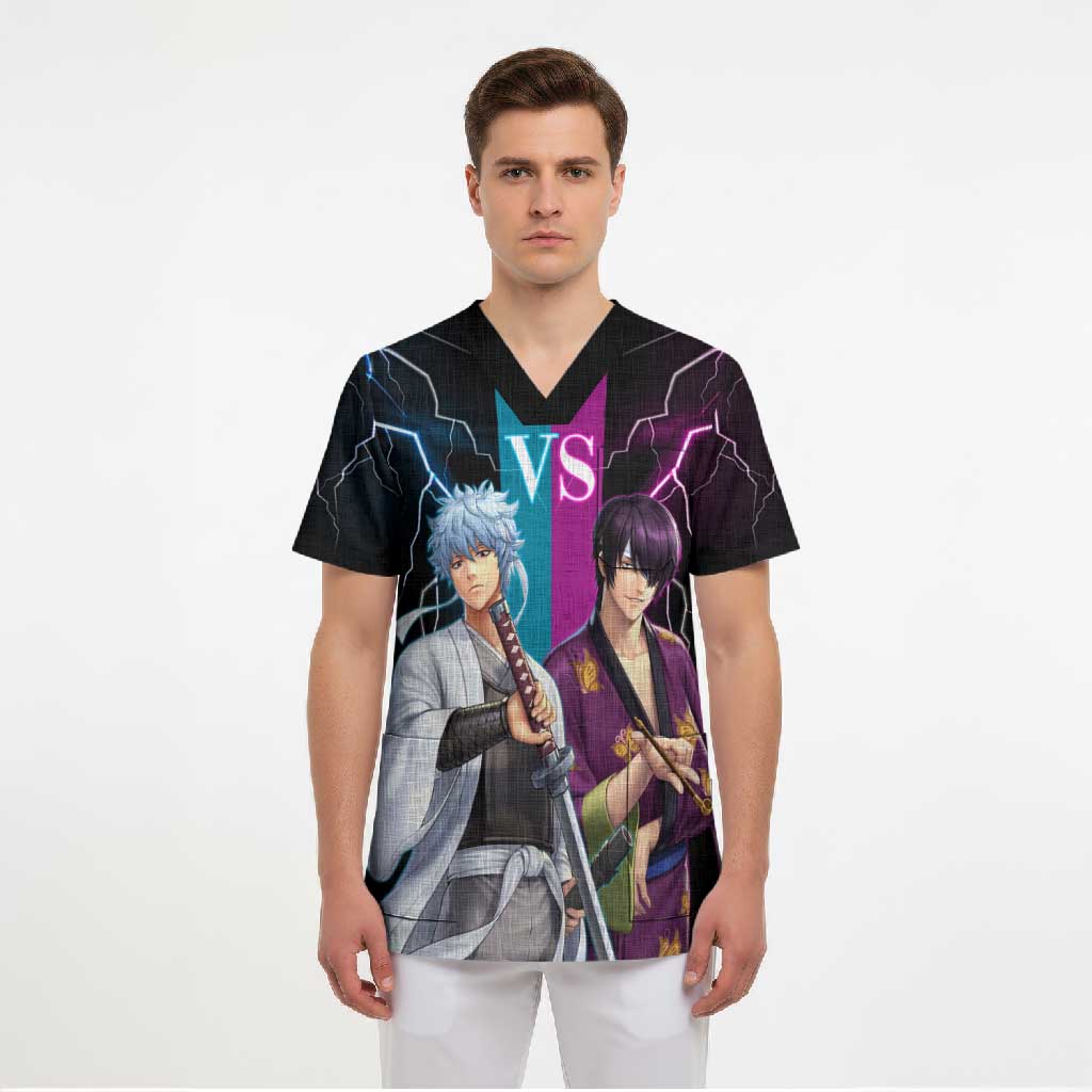 Shinsuke vs Gintoki Gintama Split Lightning Design Scrub Top with Sword Duel and Anime Showdown Theme - The Mazicc
