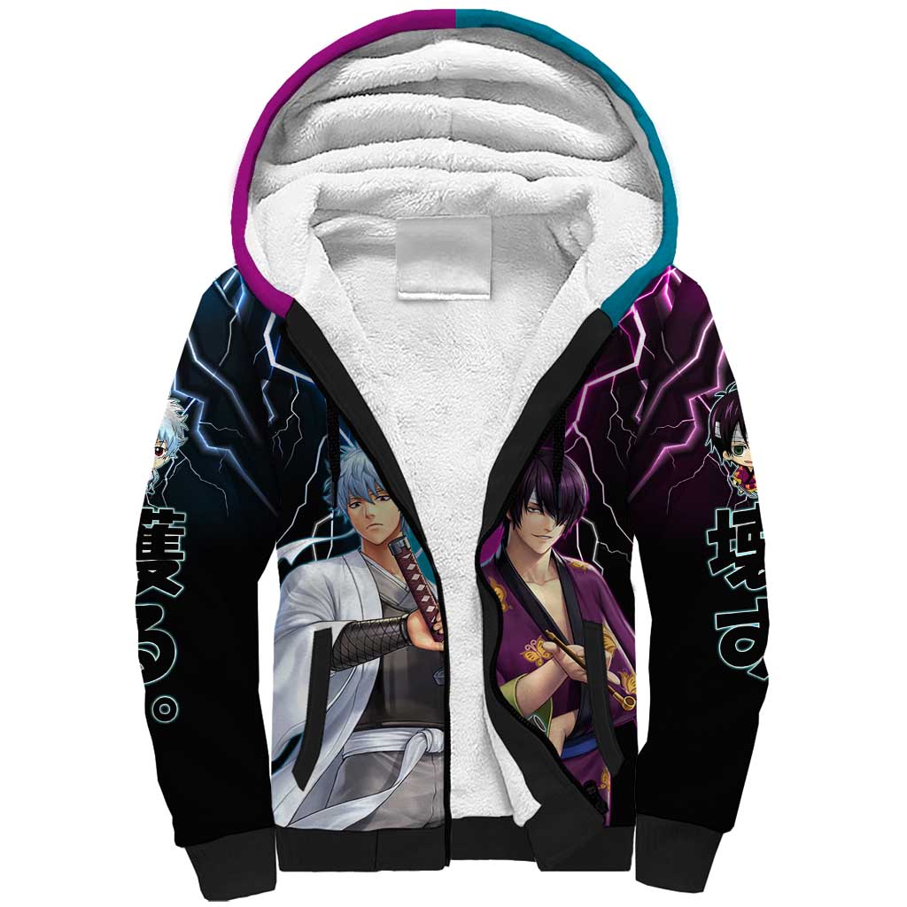 Shinsuke vs Gintoki Gintama Split Lightning Design Sherpa Hoodie with Sword Duel and Anime Showdown Theme - The Mazicc