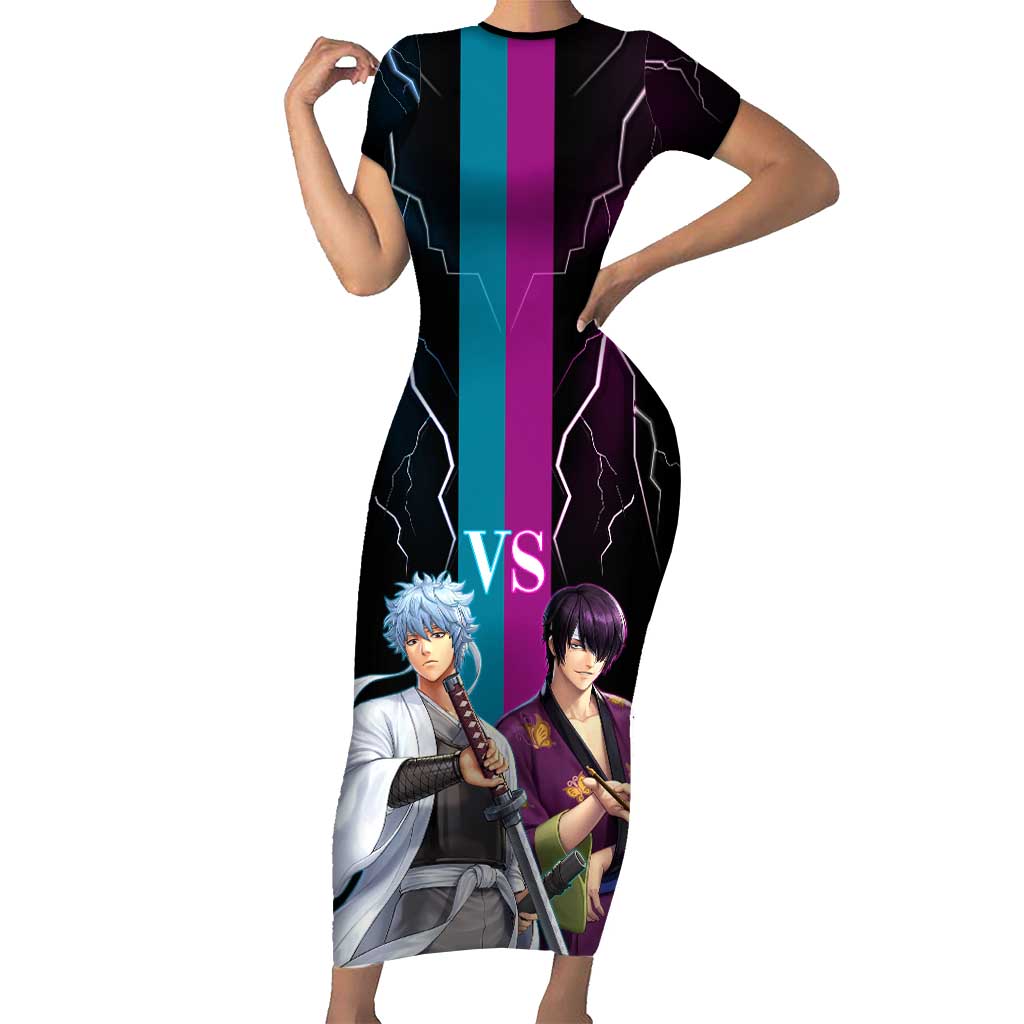 Shinsuke vs Gintoki Gintama Split Lightning Design Short Sleeve Bodycon Dress with Sword Duel and Anime Showdown Theme - The Mazicc