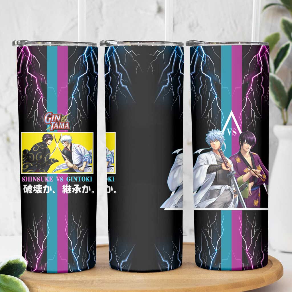 Shinsuke vs Gintoki Gintama Split Lightning Design Skinny Tumbler with Sword Duel and Anime Showdown Theme - The Mazicc