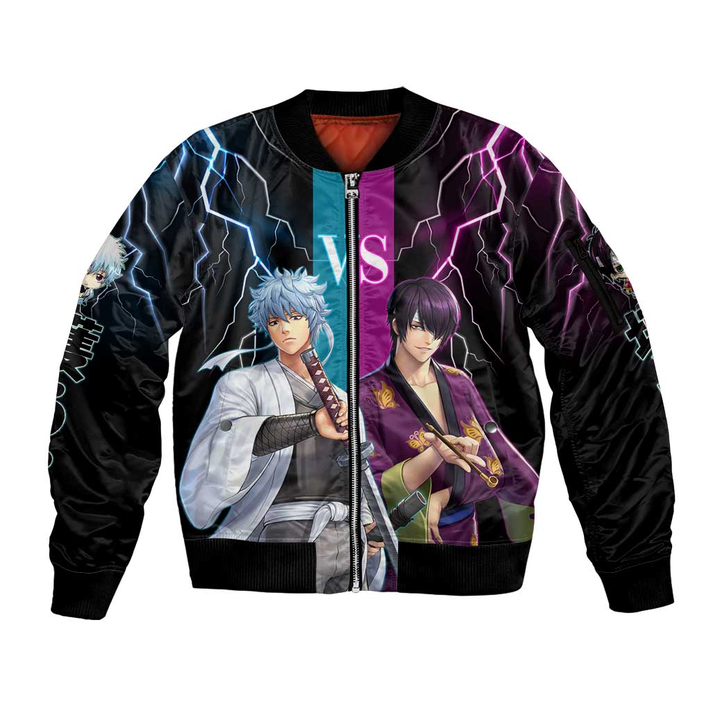 Shinsuke vs Gintoki Gintama Split Lightning Design Sleeve Zip Bomber Jacket with Sword Duel and Anime Showdown Theme - The Mazicc
