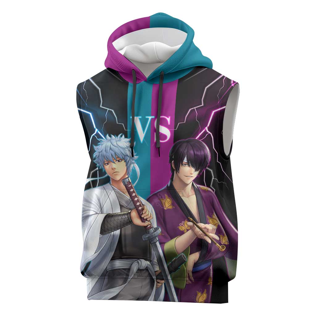 Shinsuke vs Gintoki Gintama Split Lightning Design Sleeveless Hoodie with Sword Duel and Anime Showdown Theme - The Mazicc