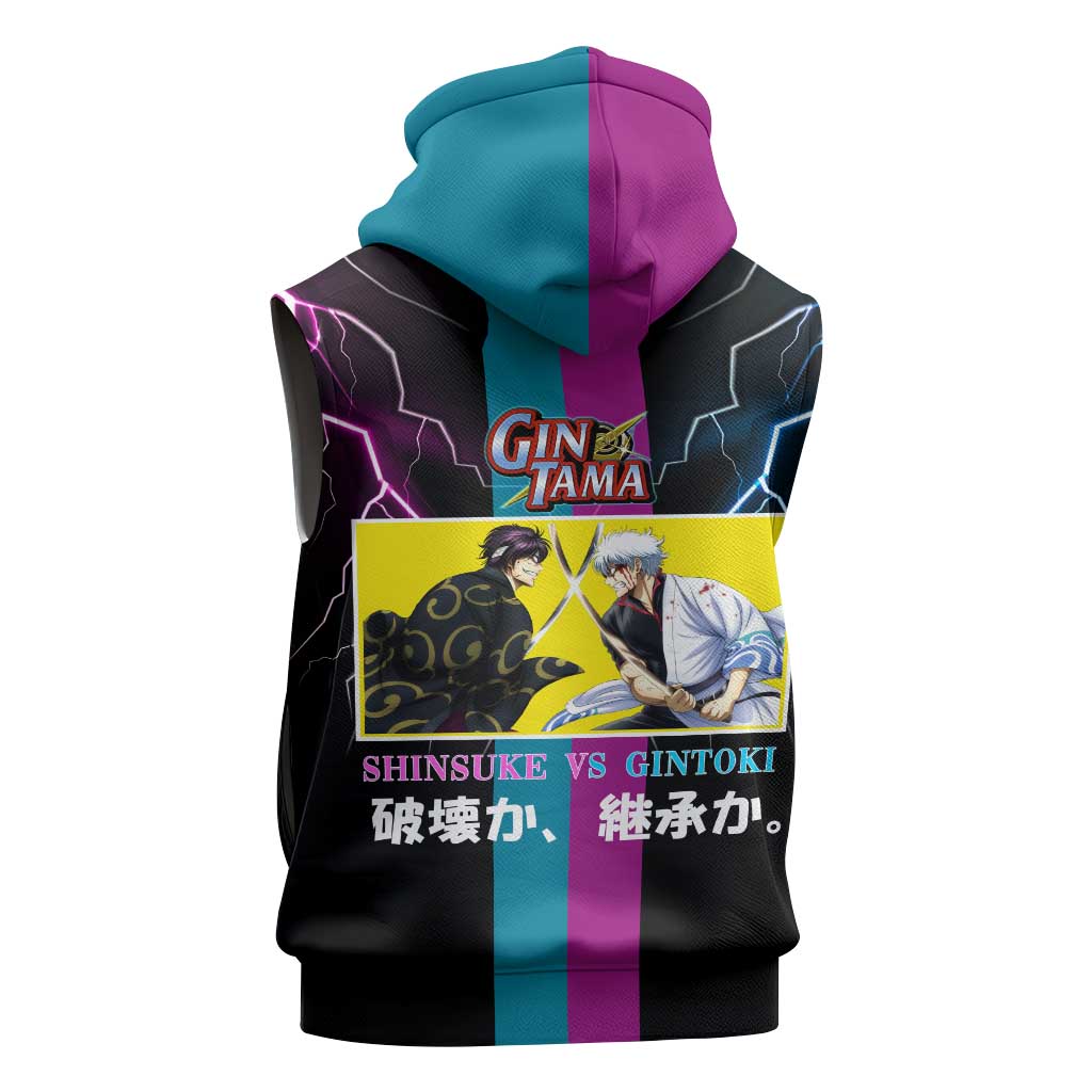 Shinsuke vs Gintoki Gintama Split Lightning Design Sleeveless Hoodie with Sword Duel and Anime Showdown Theme - The Mazicc
