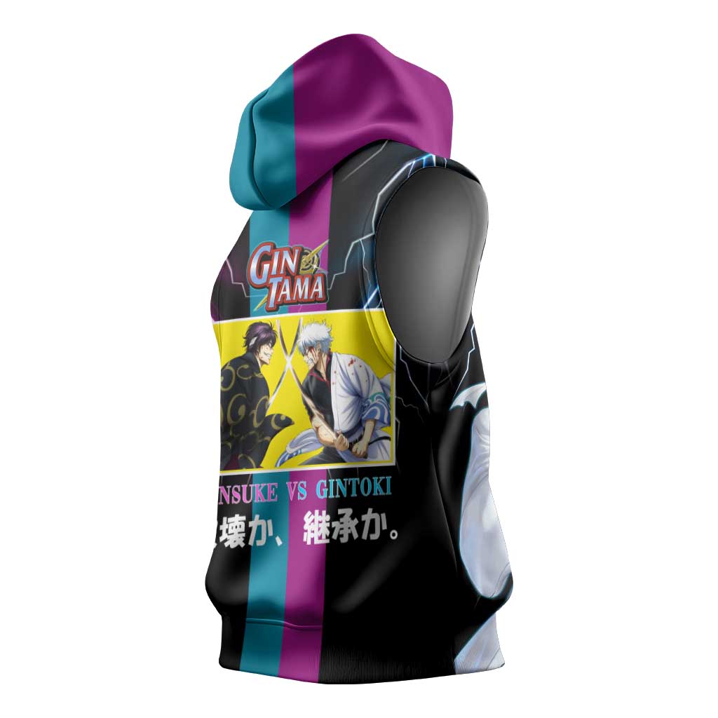 Shinsuke vs Gintoki Gintama Split Lightning Design Sleeveless Hoodie with Sword Duel and Anime Showdown Theme - The Mazicc