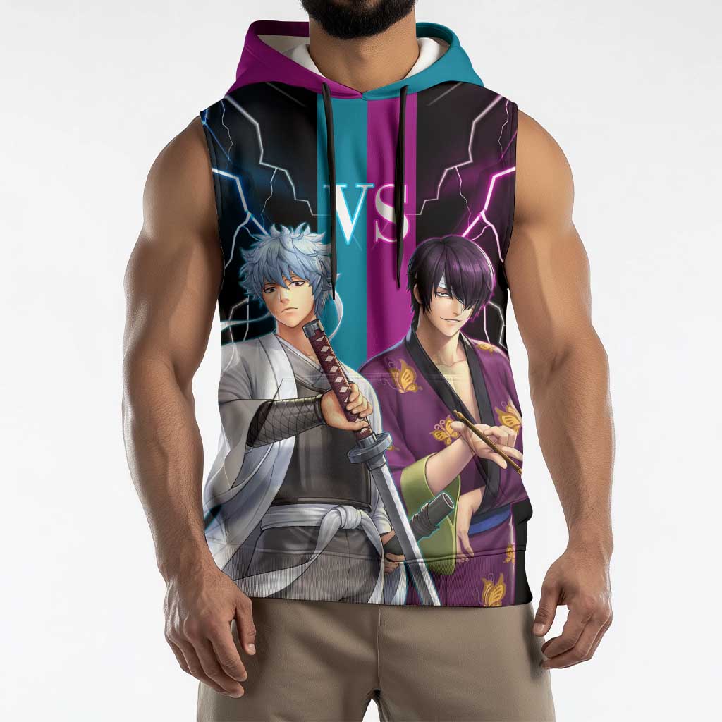 Shinsuke vs Gintoki Gintama Split Lightning Design Sleeveless Hoodie with Sword Duel and Anime Showdown Theme - The Mazicc