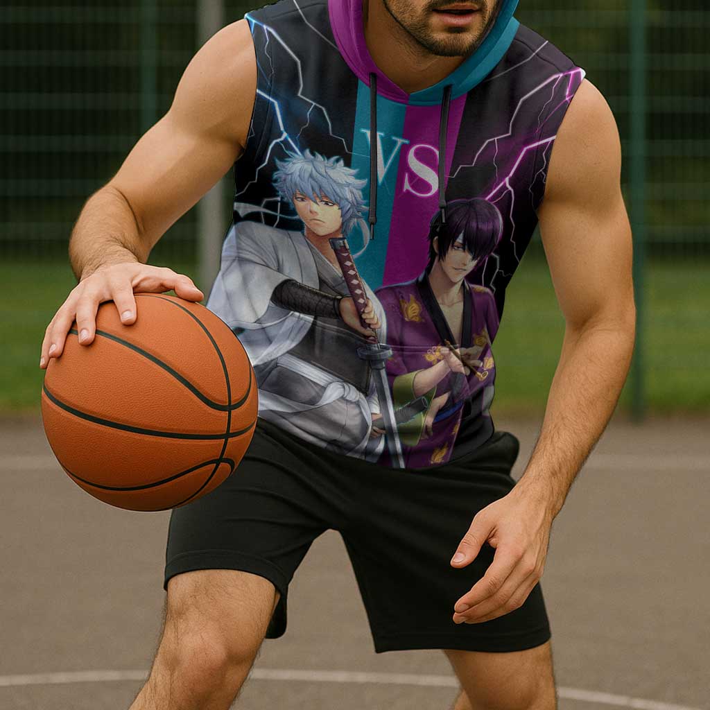 Shinsuke vs Gintoki Gintama Split Lightning Design Sleeveless Hoodie with Sword Duel and Anime Showdown Theme - The Mazicc