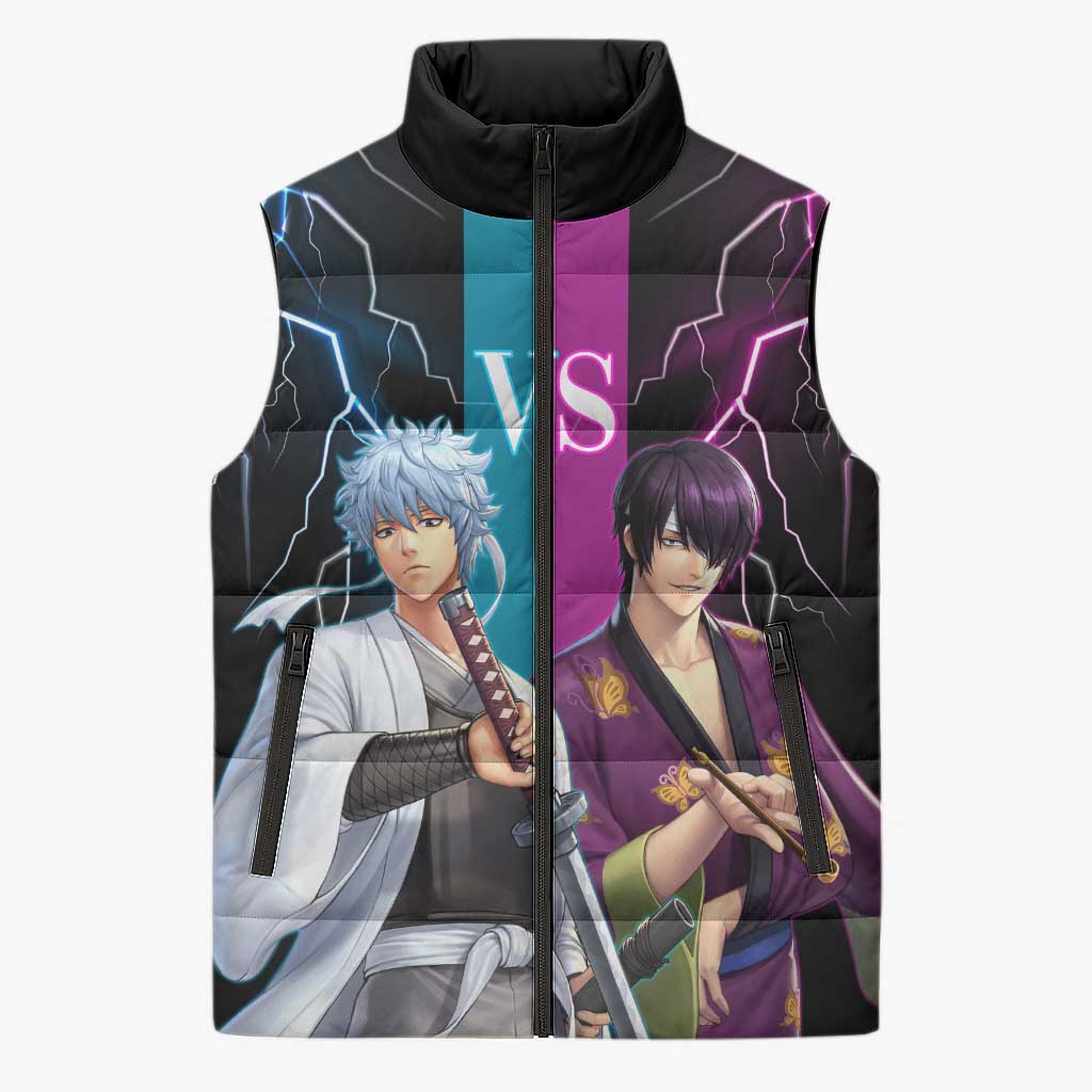 Shinsuke vs Gintoki Gintama Split Lightning Design Sleeveless Puffer Jacket with Sword Duel and Anime Showdown Theme - The Mazicc