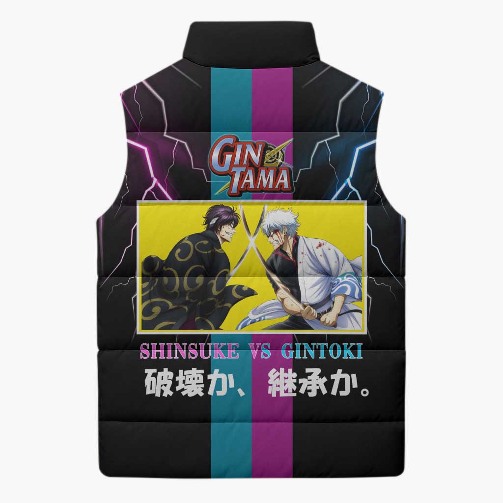 Shinsuke vs Gintoki Gintama Split Lightning Design Sleeveless Puffer Jacket with Sword Duel and Anime Showdown Theme - The Mazicc