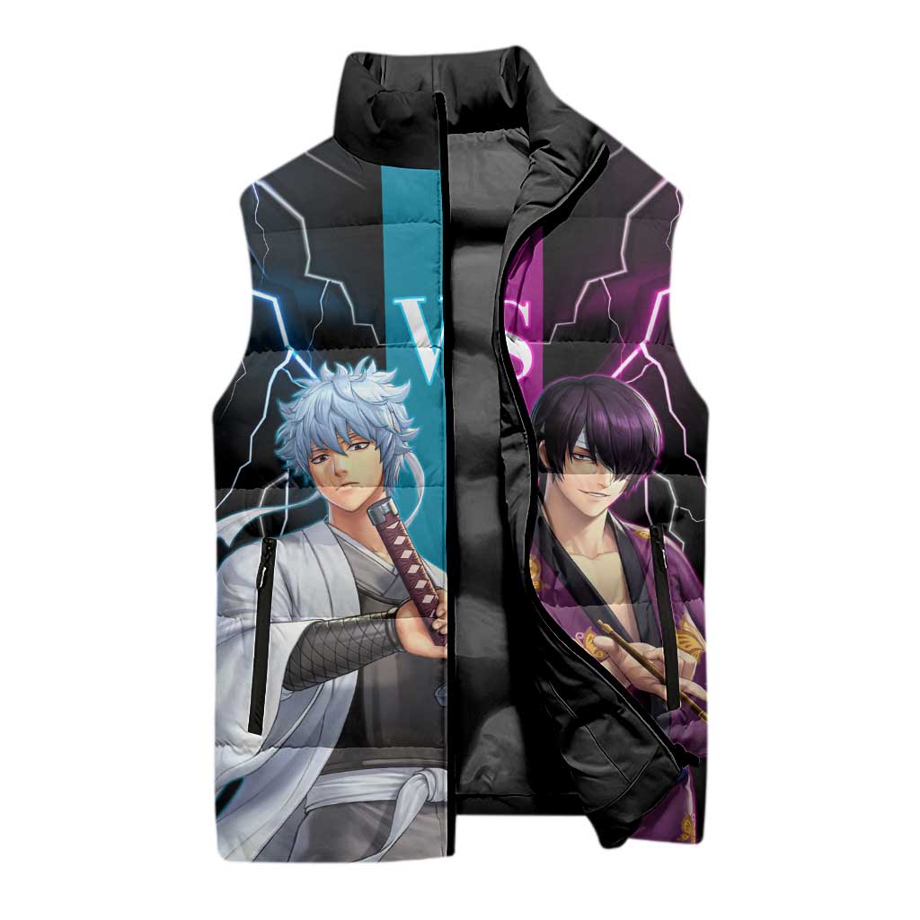 Shinsuke vs Gintoki Gintama Split Lightning Design Sleeveless Puffer Jacket with Sword Duel and Anime Showdown Theme - The Mazicc