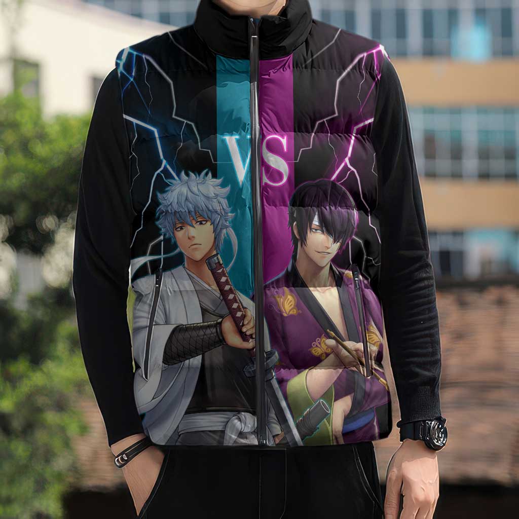 Shinsuke vs Gintoki Gintama Split Lightning Design Sleeveless Puffer Jacket with Sword Duel and Anime Showdown Theme - The Mazicc